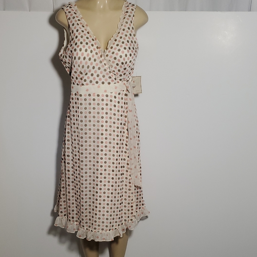 NWT Jonathan Martin Polka Dot Wrap Midi Dress Size 8 Cream Color Brown Pink Dot